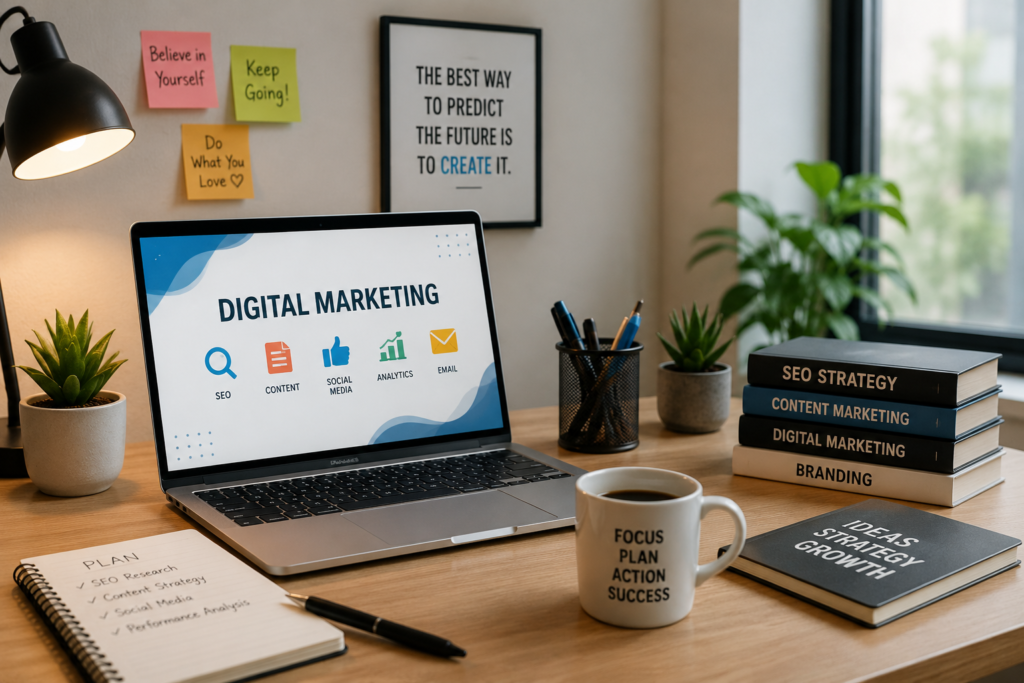 Modern digital marketing laptop workspace setup for portfolio website