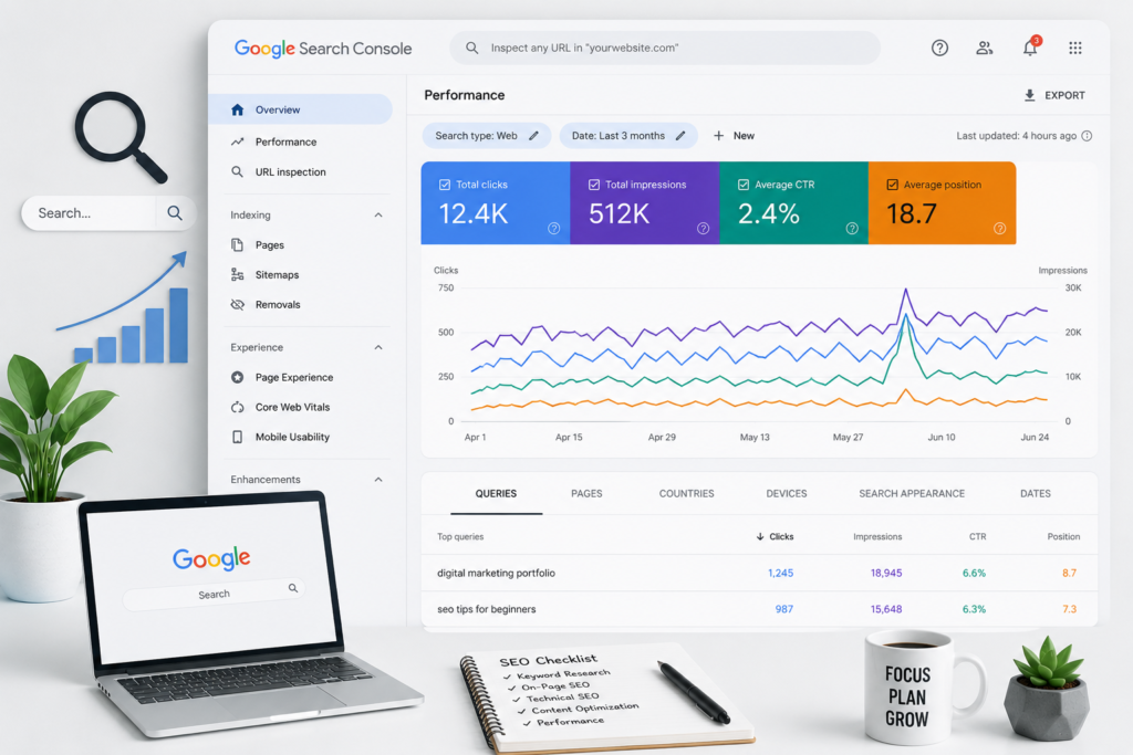 Digital marketing portfolio analytics dashboard with Google Search Console and SEO performance tracking