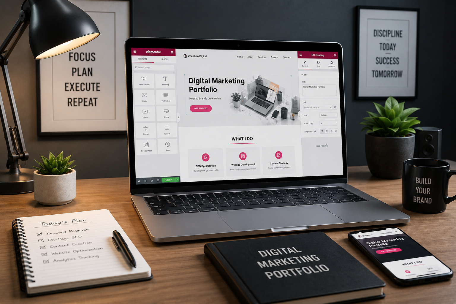 Contact zeeshan digital workspace with SEO analytics dashboard, laptop setup, and modern digital marketing tools