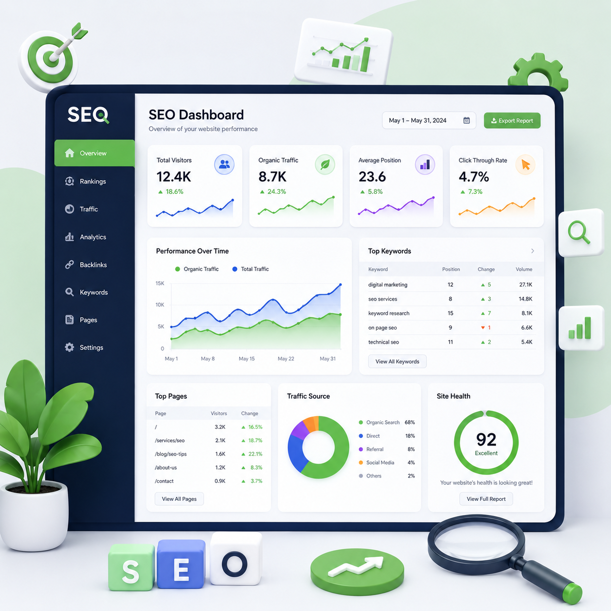 Digital marketing skills SEO analytics dashboard illustration for portfolio website